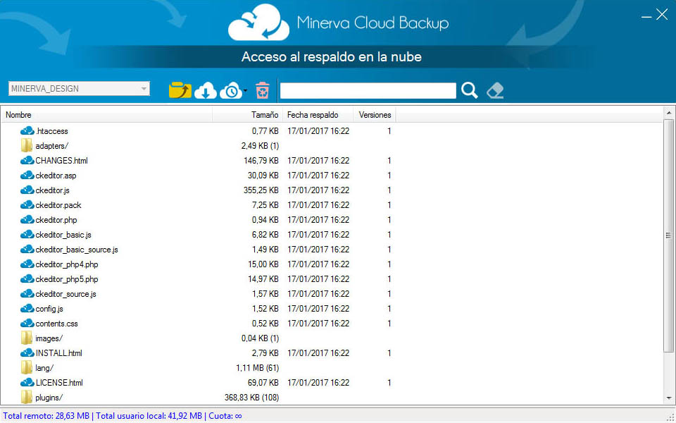 pantalla Minerva Cloud Backup